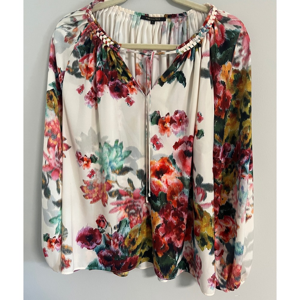 Kobi Halperin Floral Blouse Braided Neck Tie Front Size L Multicolor Boho